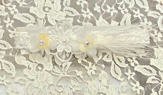 Infant Lace Headband with Flowers, Feather