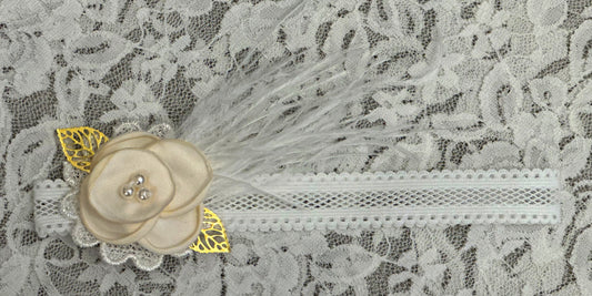 White Lace Headband with Flowers/Feathers
