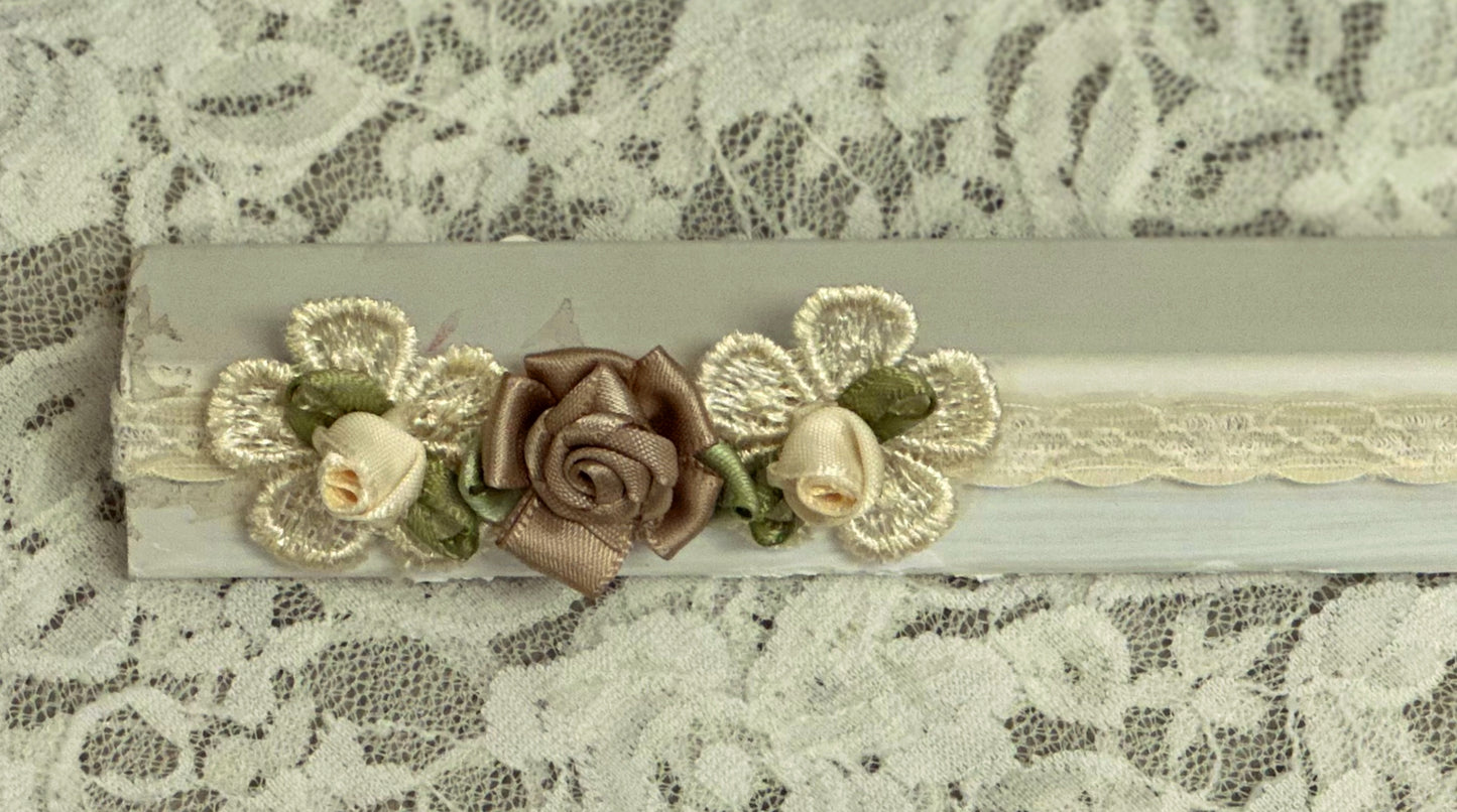 Thin Ivory Lace Headband with Lace, Satin Flower