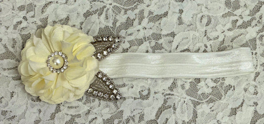 White Headband with Ivory Rose, Applique