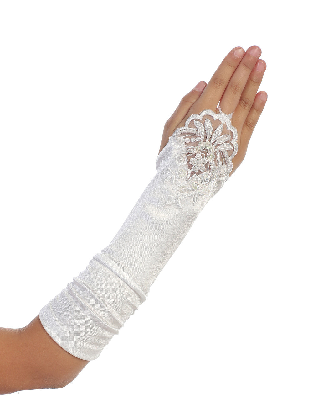 Girls Below Elbow Length Lace Fingerless Gloves