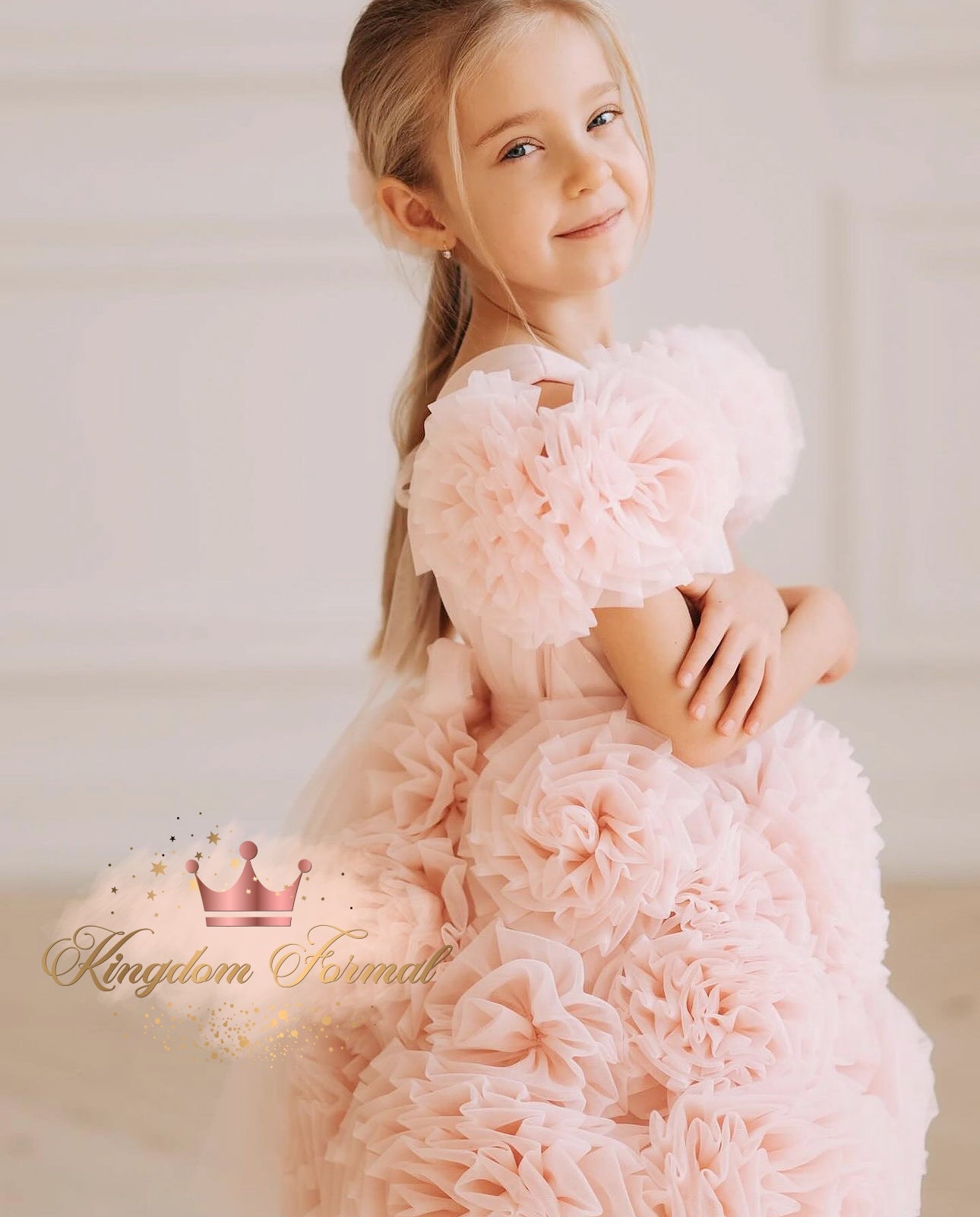 Girls Tulle Dress w/3D Rosettes, Matching Clip