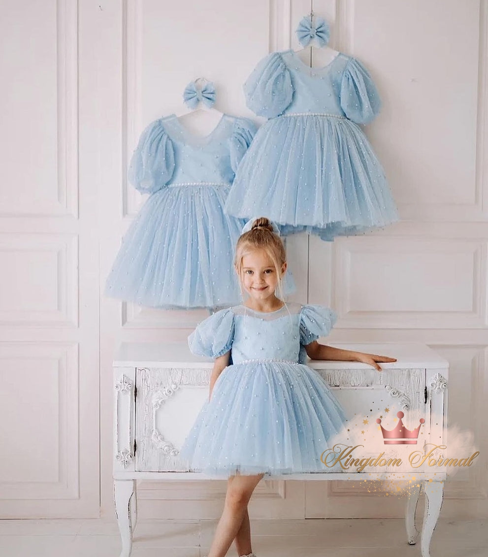 Girls Tulle Dress w/Pearls, Matching Bow