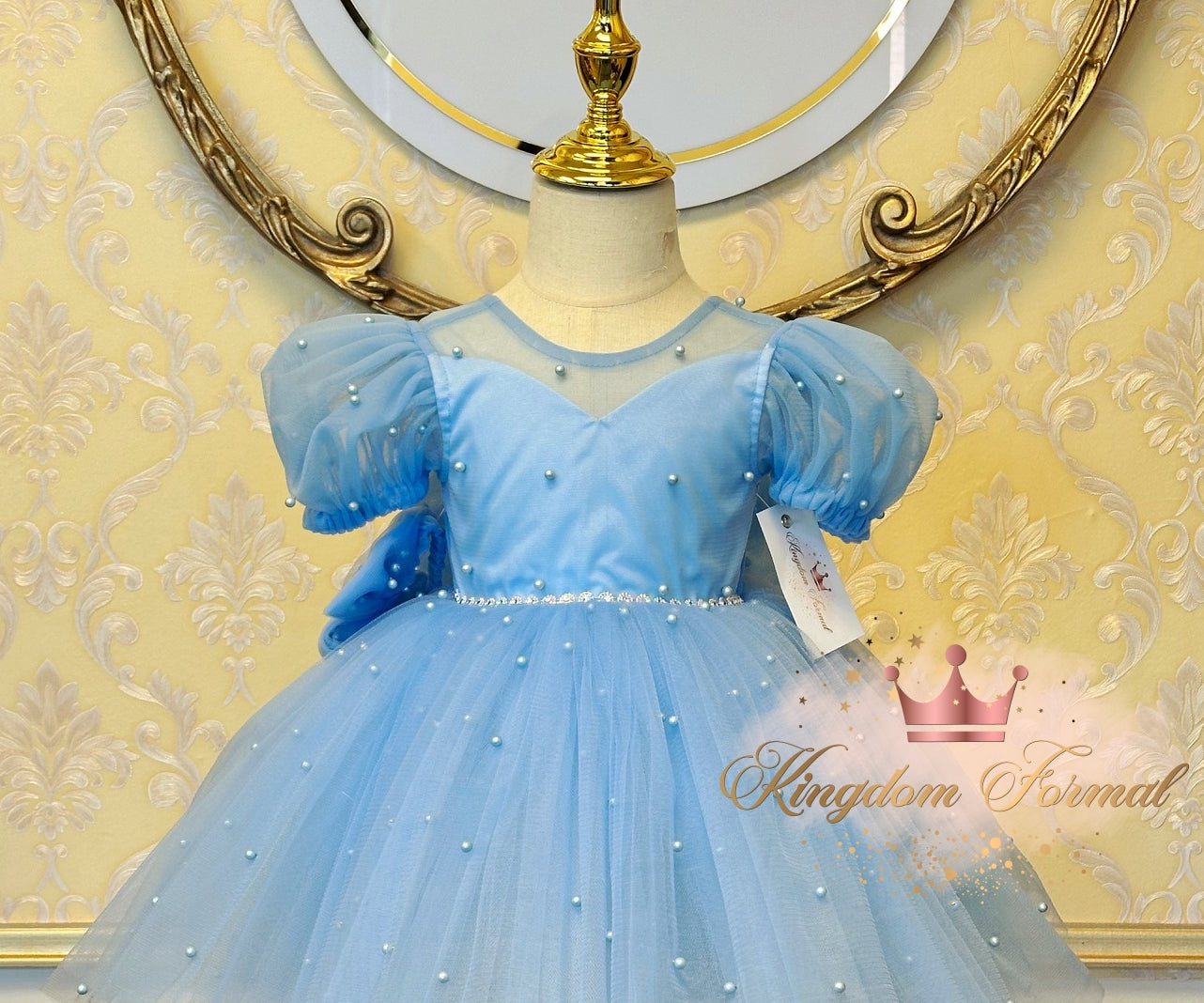 Girls Tulle Dress w/Pearls, Matching Bow