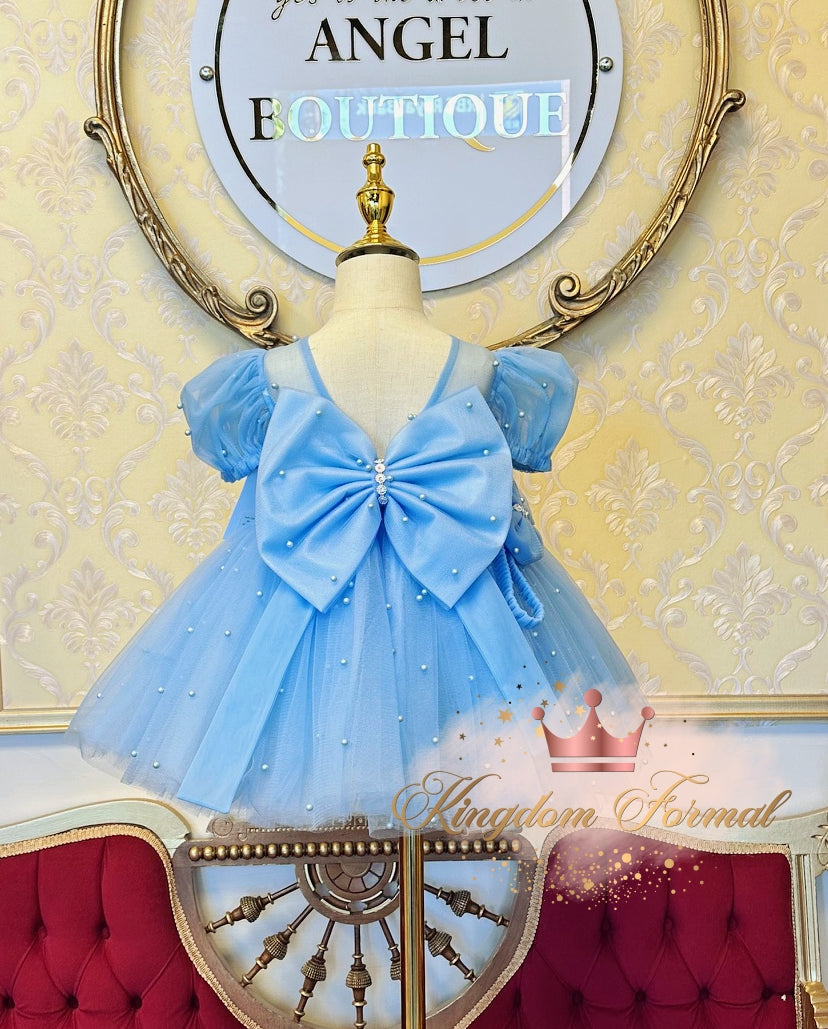 Girls Tulle Dress w/Pearls, Matching Bow