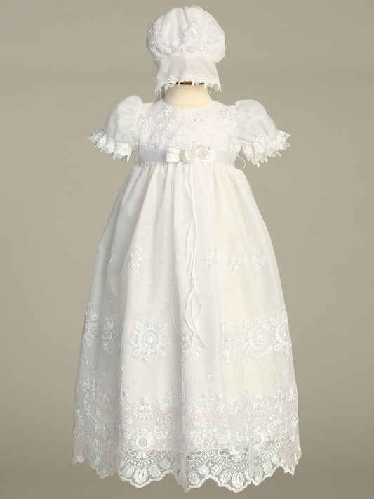 Embroidered tulle gown with bonnet