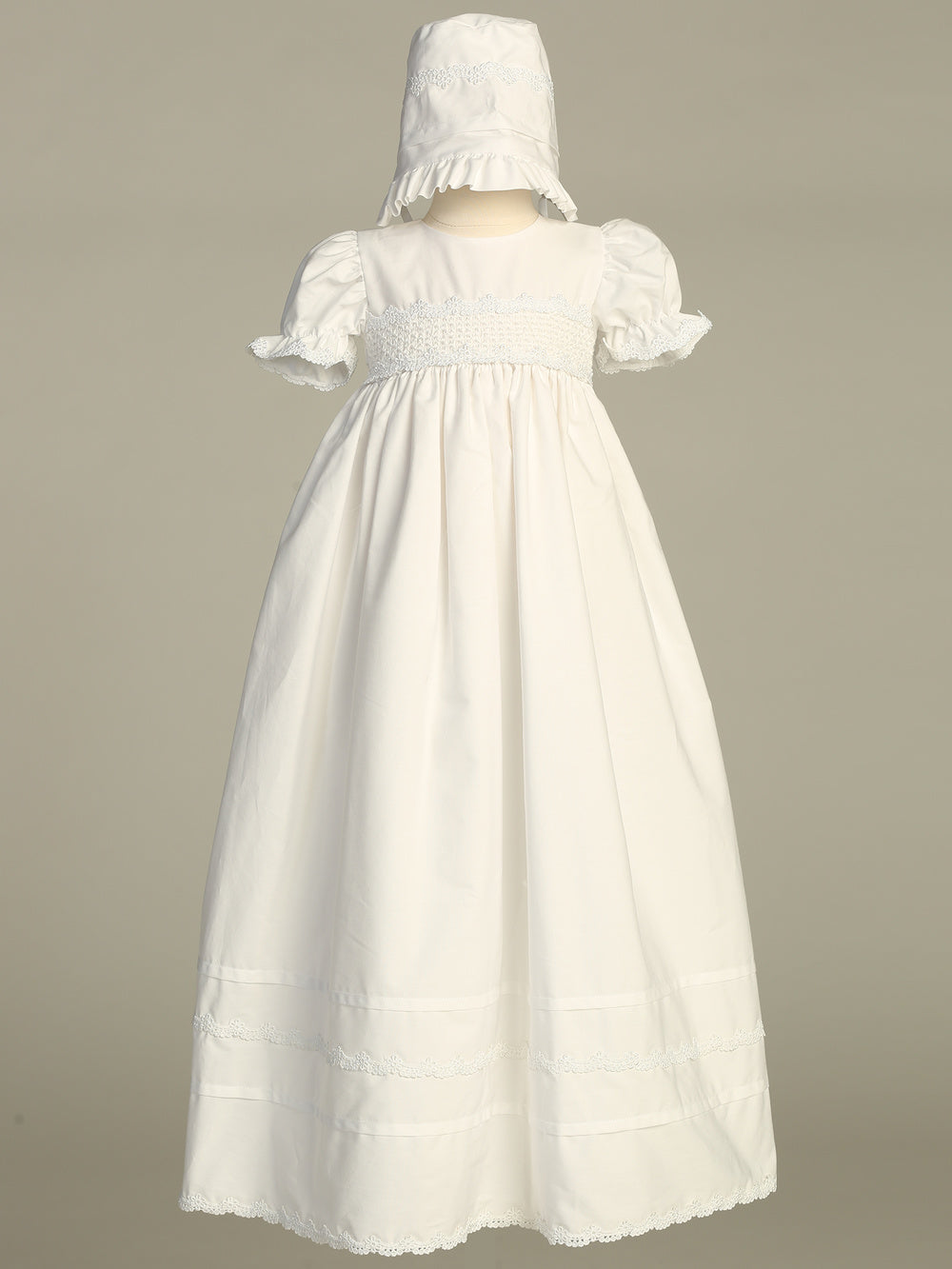 Smocked bodice cotton long gown with bonnet