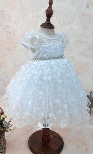 Infant Cap Sleeve Dress w/3D Floral Lace, Belt