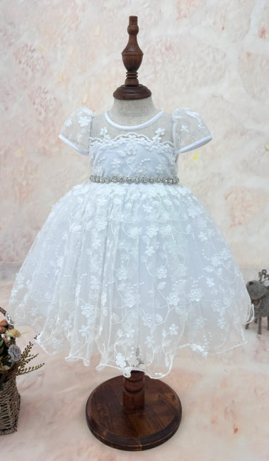 Infant Cap Sleeve Dress w/3D Floral Lace, Belt