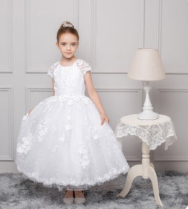 Girls Dress with 3D Floral Lace, Cap Sleeves