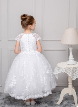 Girls Dress with 3D Floral Lace, Cap Sleeves