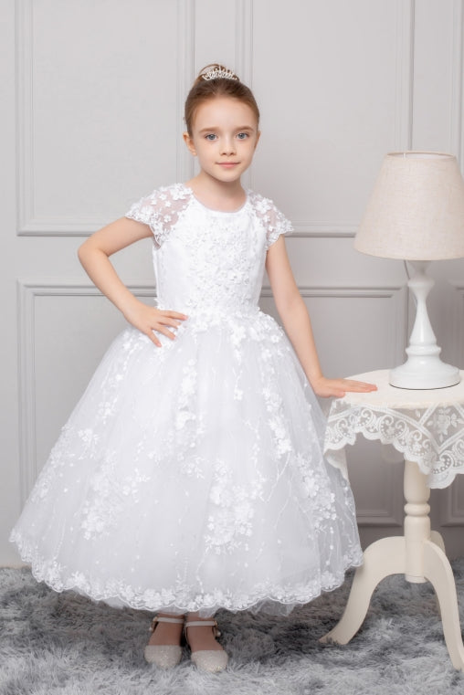 Girls Dress with 3D Floral Lace, Cap Sleeves