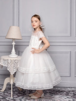 Girls Tulle Cap Sleeve Dress with Embroidery