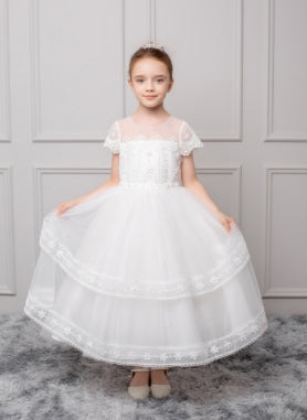 Girls Tulle Cap Sleeve Dress with Embroidery