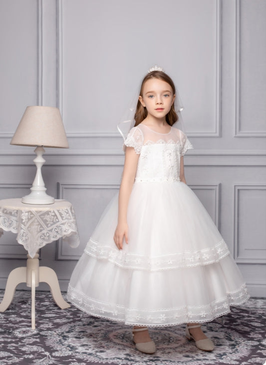 Girls Tulle Cap Sleeve Dress with Embroidery