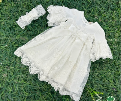 Infant Dress with Lace Overlay, Headband