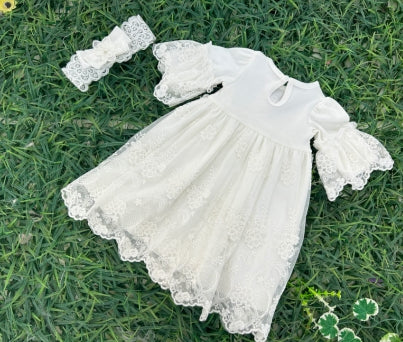 Infant Dress with Lace Overlay, Headband