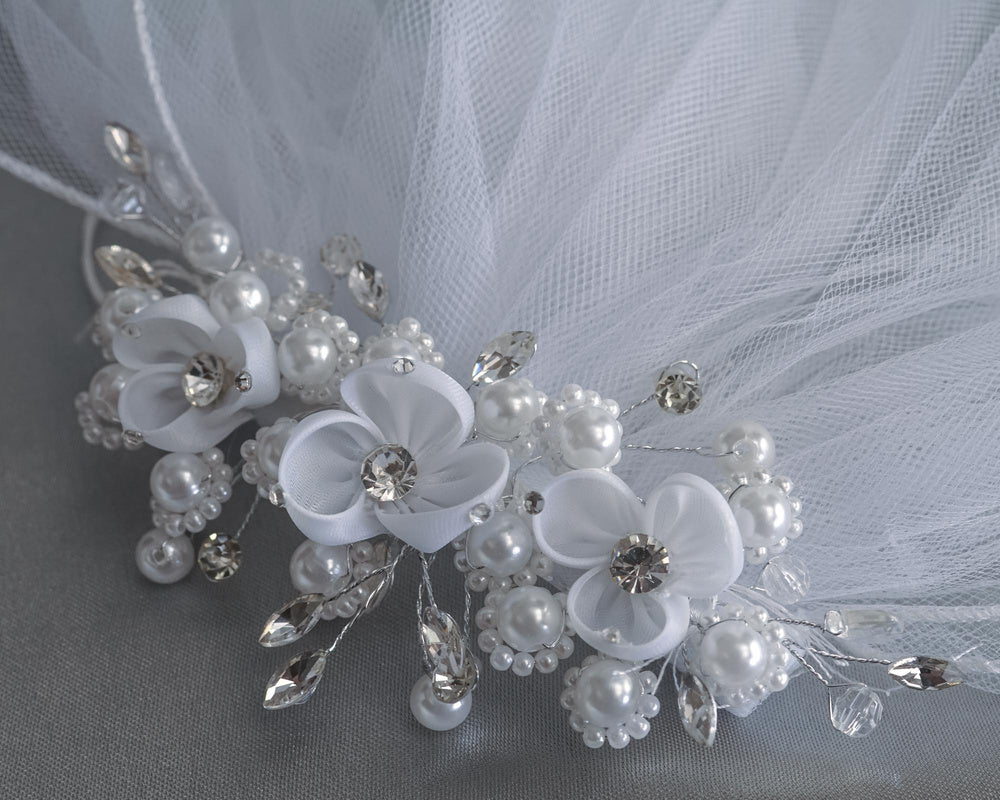 24" Veil on comb - Organza flowers and rhinestones, pearls and crystals