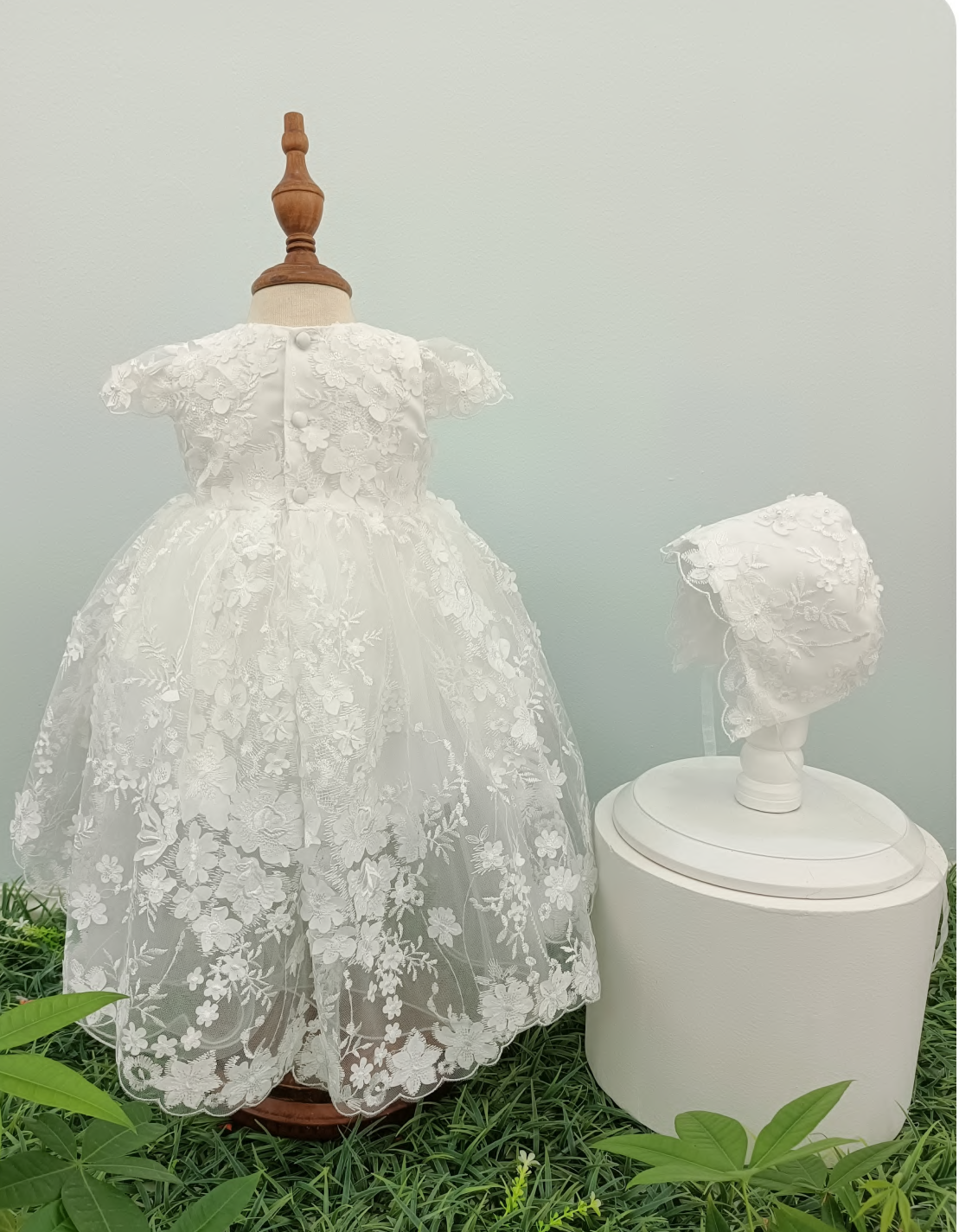 Infant Hi Low Tulle Dress w/3D Flowers, Bonnet