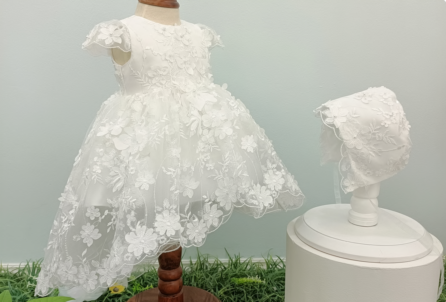 Infant Hi Low Tulle Dress w/3D Flowers, Bonnet