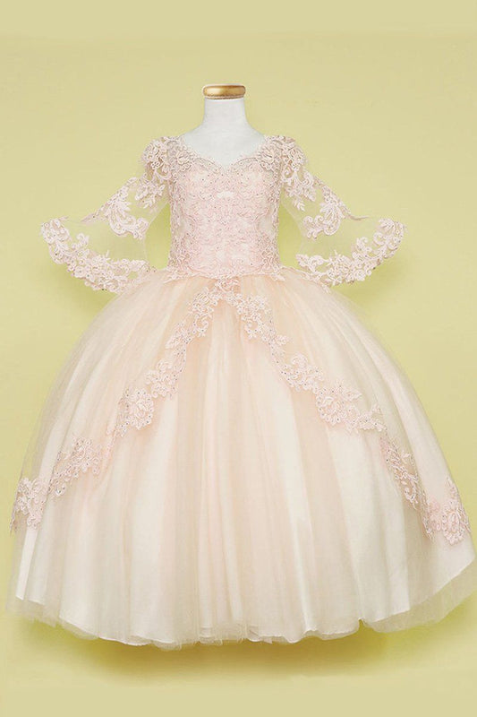Girls Lace Tulle Dress with Belle Sleeves