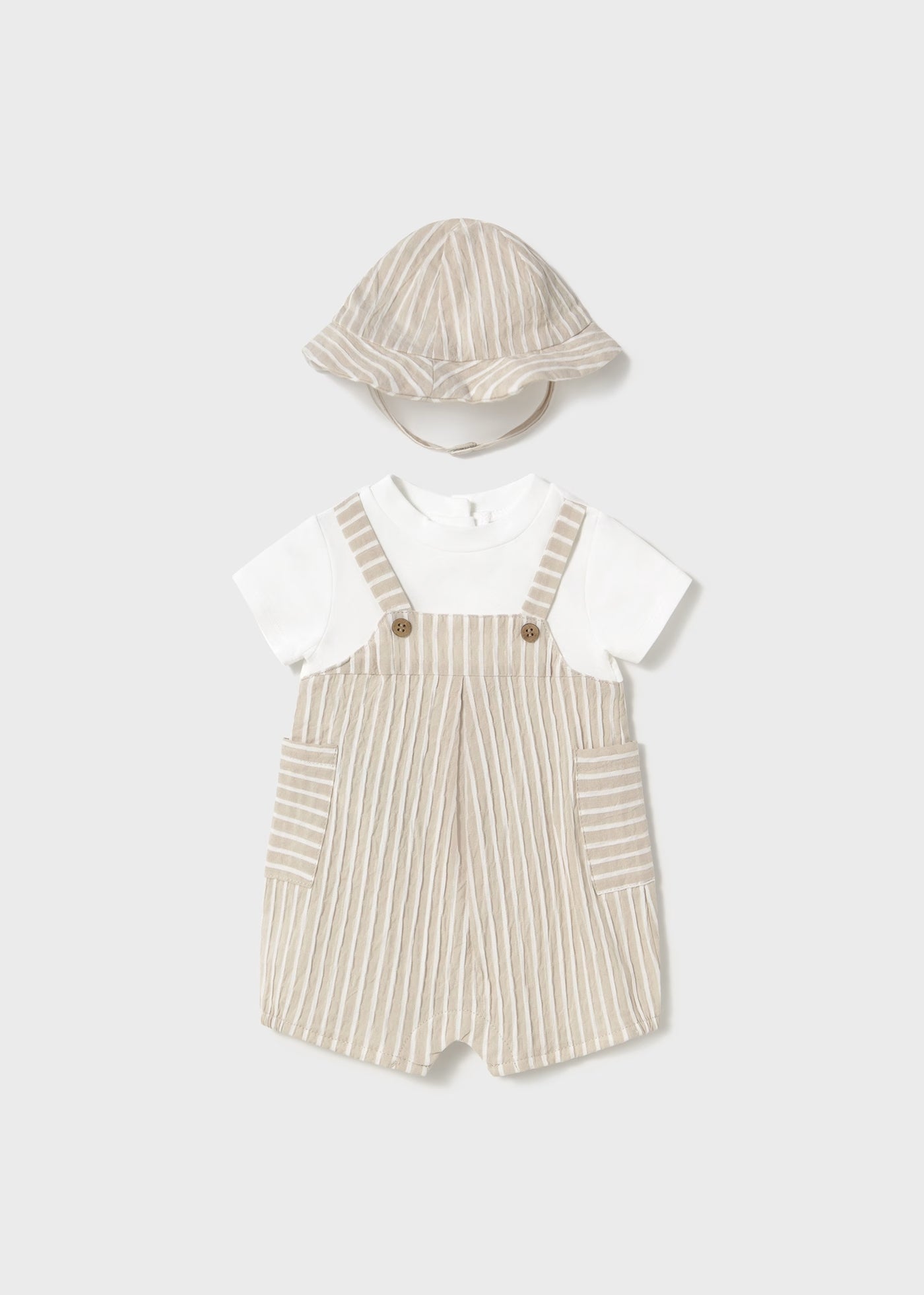 Mayoral Newborn Striped Simulated Dungaree Romper with Hat