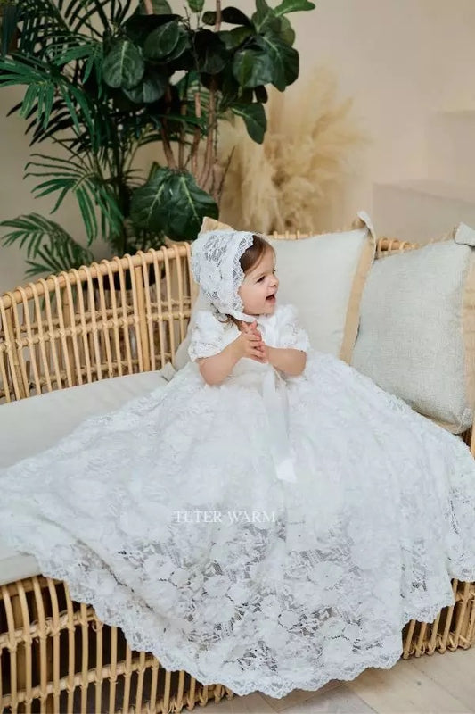 Infant Embroidered Floral Lace Gown w/Bonnet