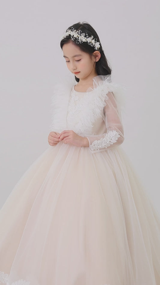 Girls Gown w/Tulle, Feather Accents