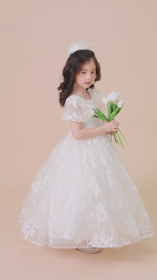 Girls Floral Lace Gown with Puff Sleeves