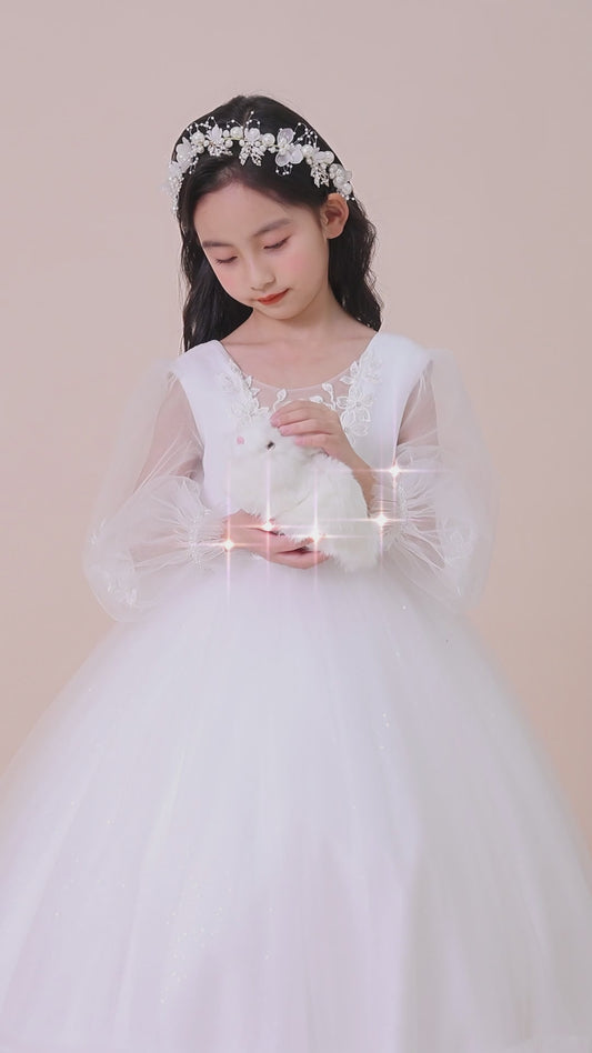 Girls Gown with Sheer Long Sleeves, Applique