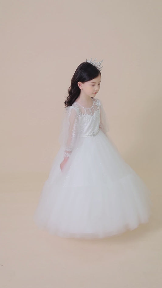 Girls Gown with Long Sleeves, Illusion Neckline