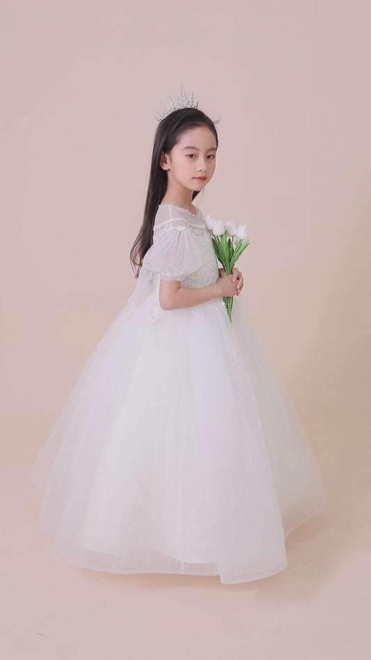 Girls Gown w/Puff Sleeves, Lace Applique