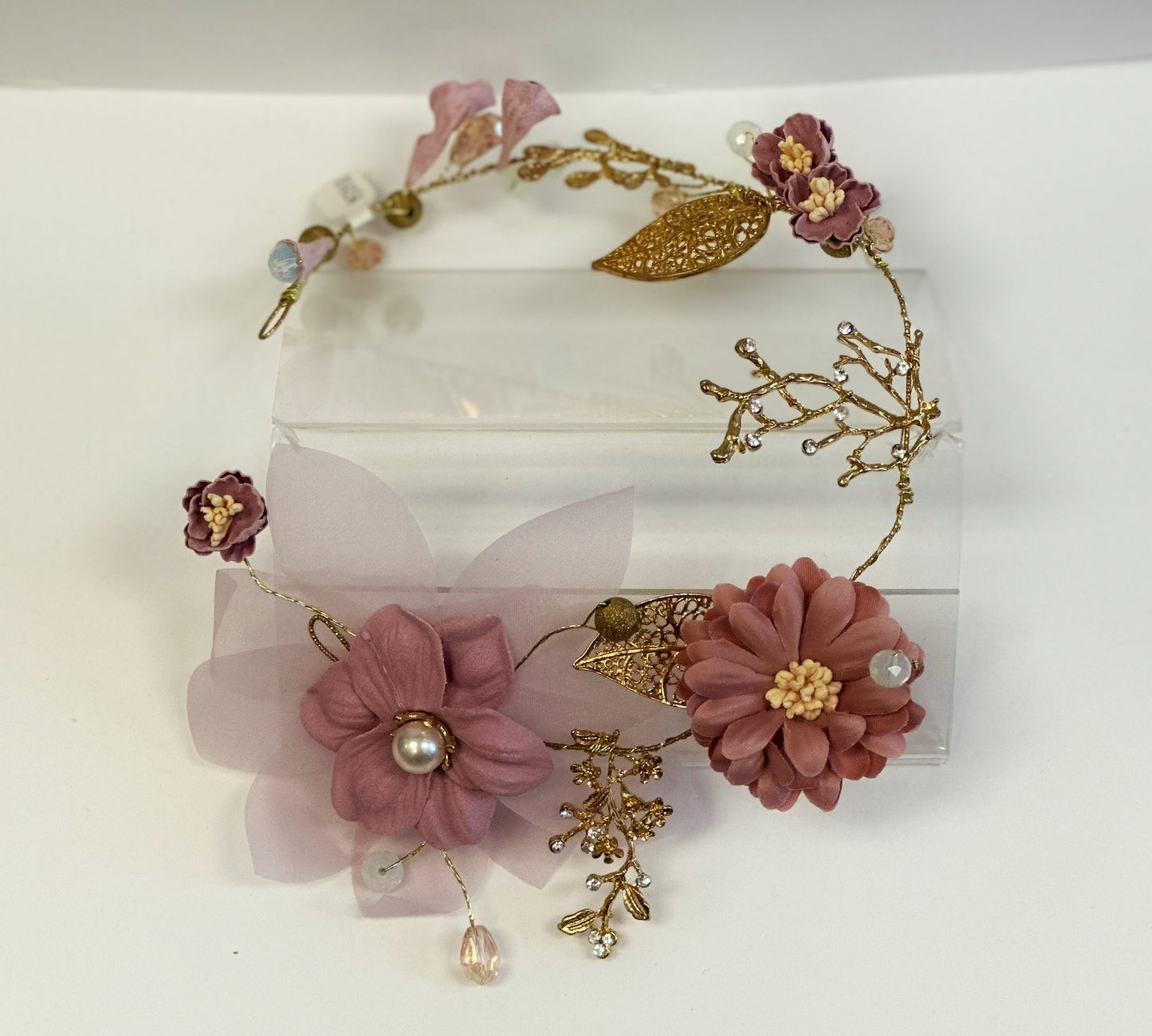 Vintage Pink Flowers/Gold Leaves Headpiece