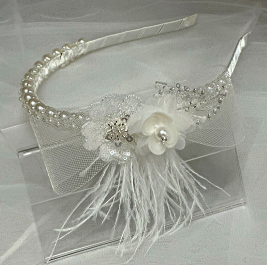 Pearl Headband w/Feathers/Flowers