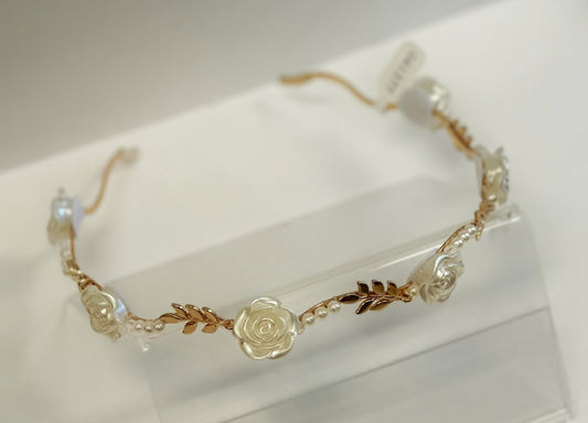Gold Headband w/White Roses/Pearls