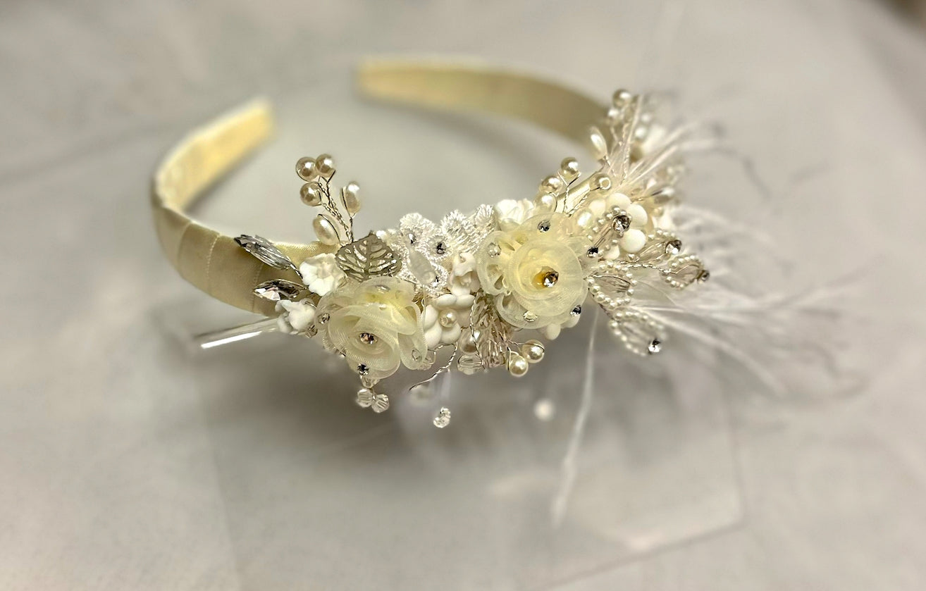 Ivory Headband w/Flowers/Feathers/Applique