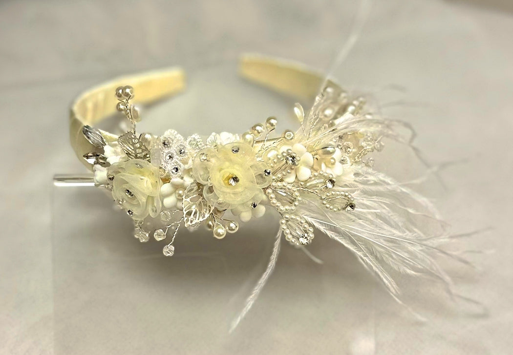 Ivory Headband w/Flowers/Feathers/Applique