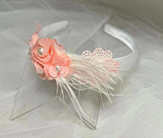 Satin Headband w/Flowers/Feathers