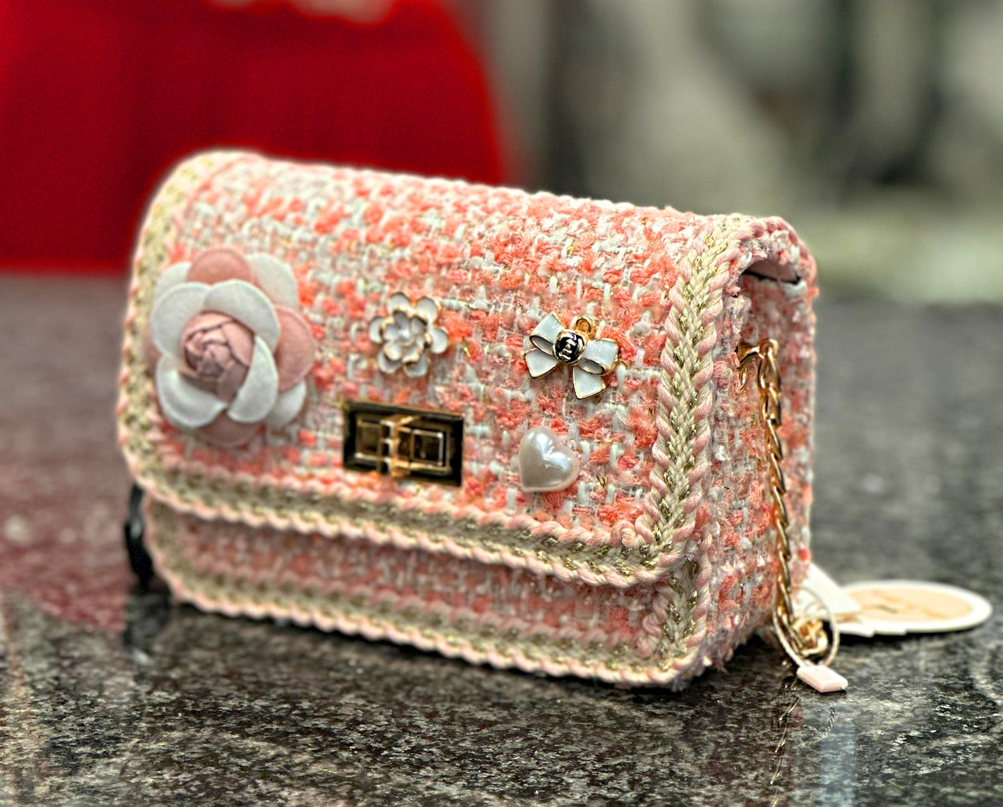 Pink Pearl Trim Tweed Purse