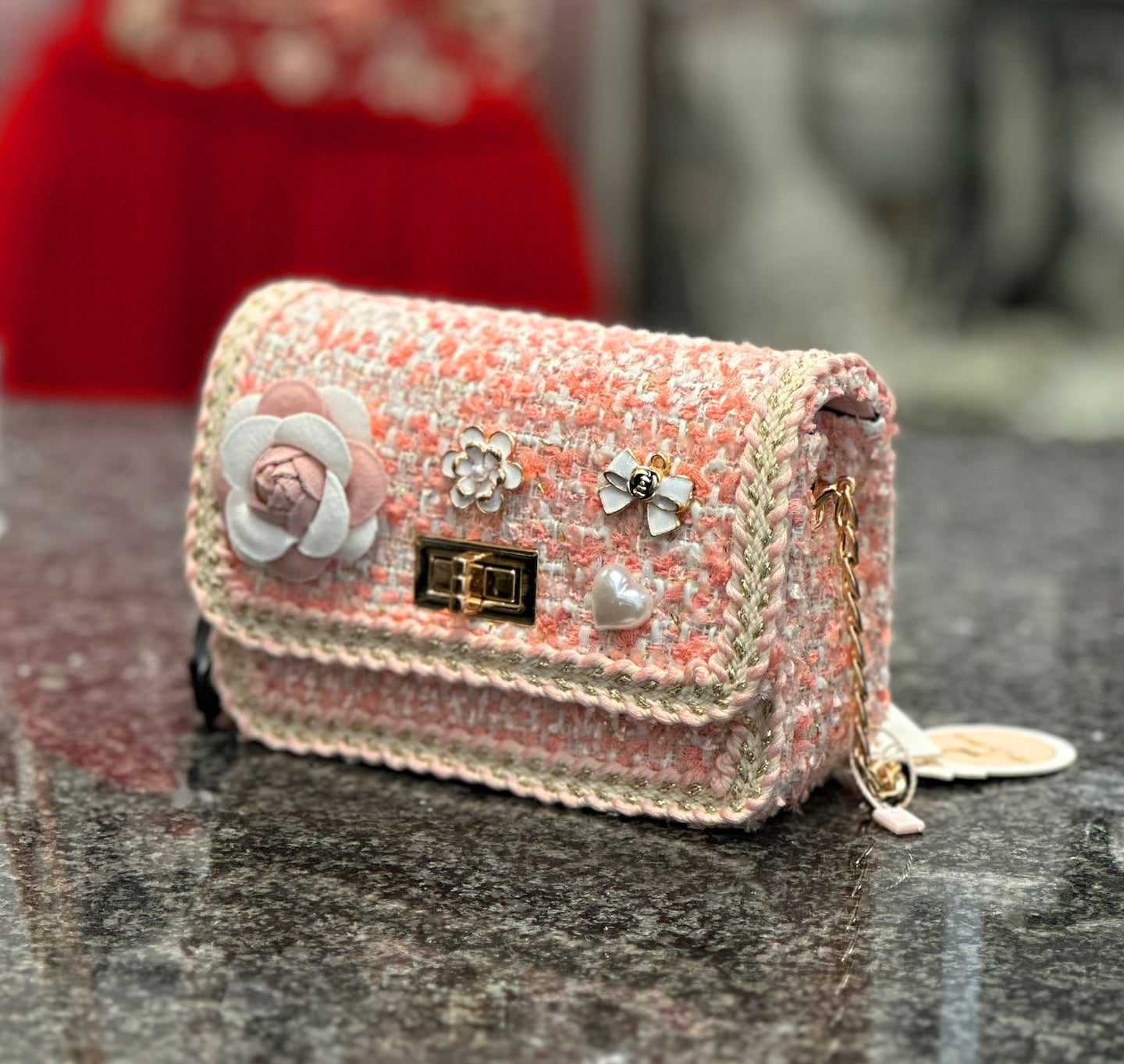 Pink Pearl Trim Tweed Purse