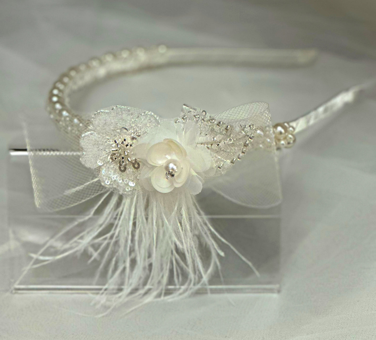 Pearl Headband w/Feathers/Flowers