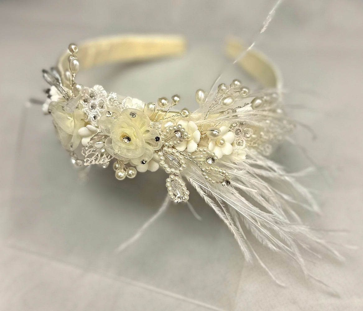 Ivory Headband w/Flowers/Feathers/Applique