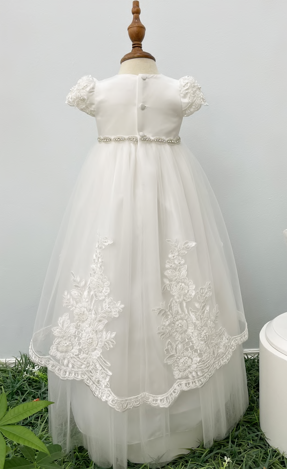 Infant Long Gown w/Lace Overlay, Bonnet