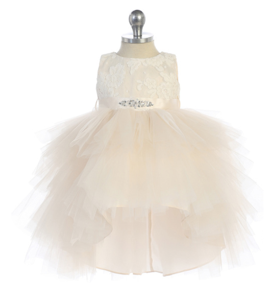 High Low with Lace Bodice and beaded Sash Dress