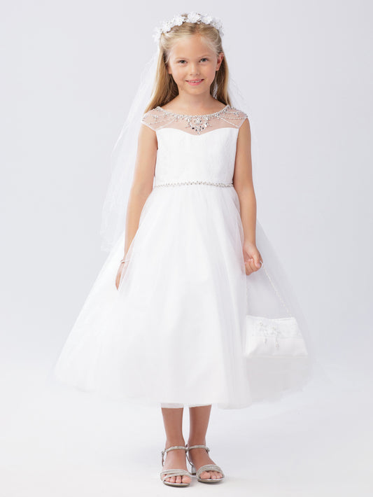 Girls Beaded Illusion Neckline Dress