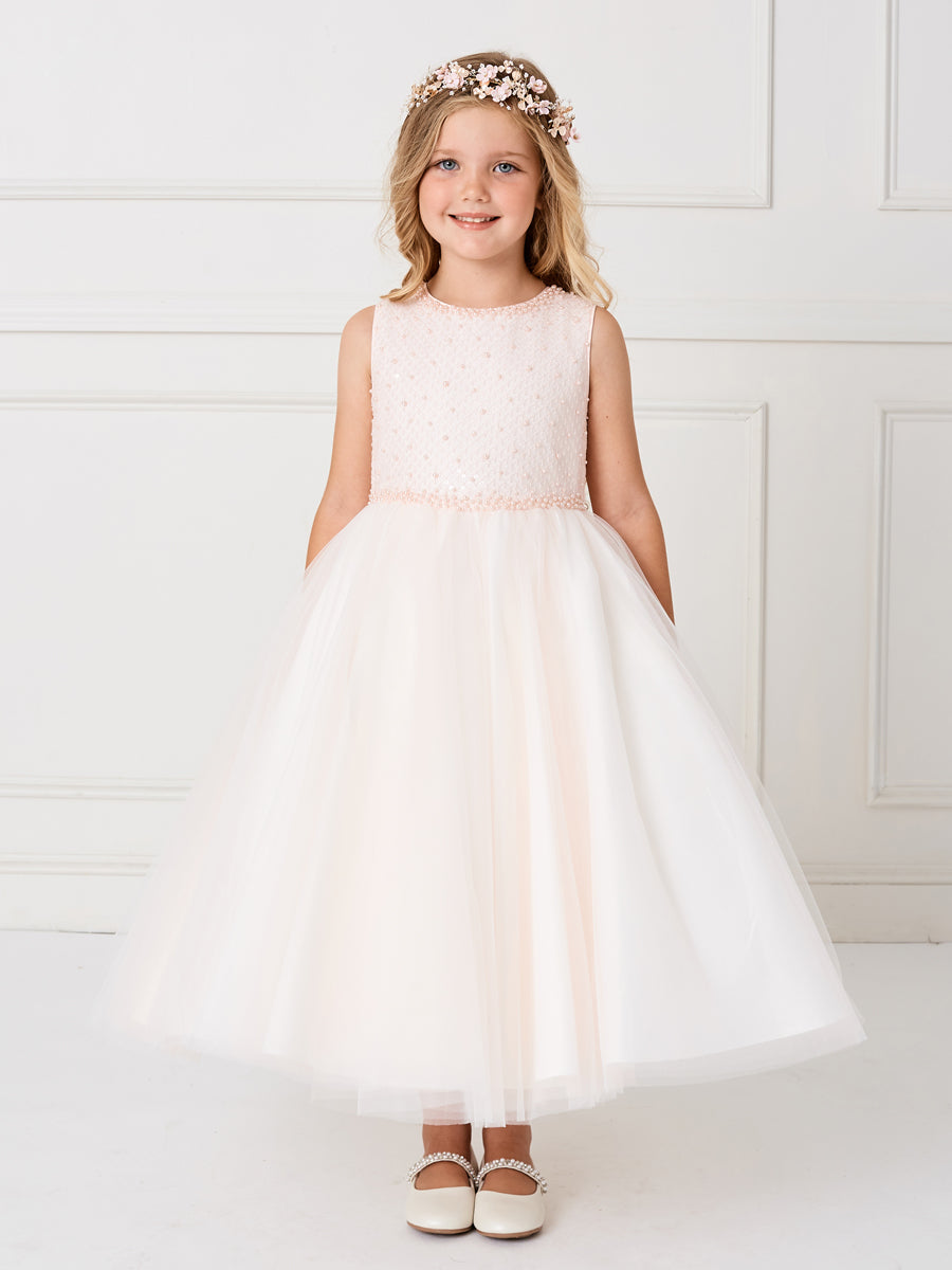 Girls Criss Cross Bodice with Tulle Skirt. Has a Rear Center Zipper and Sash Tie Back