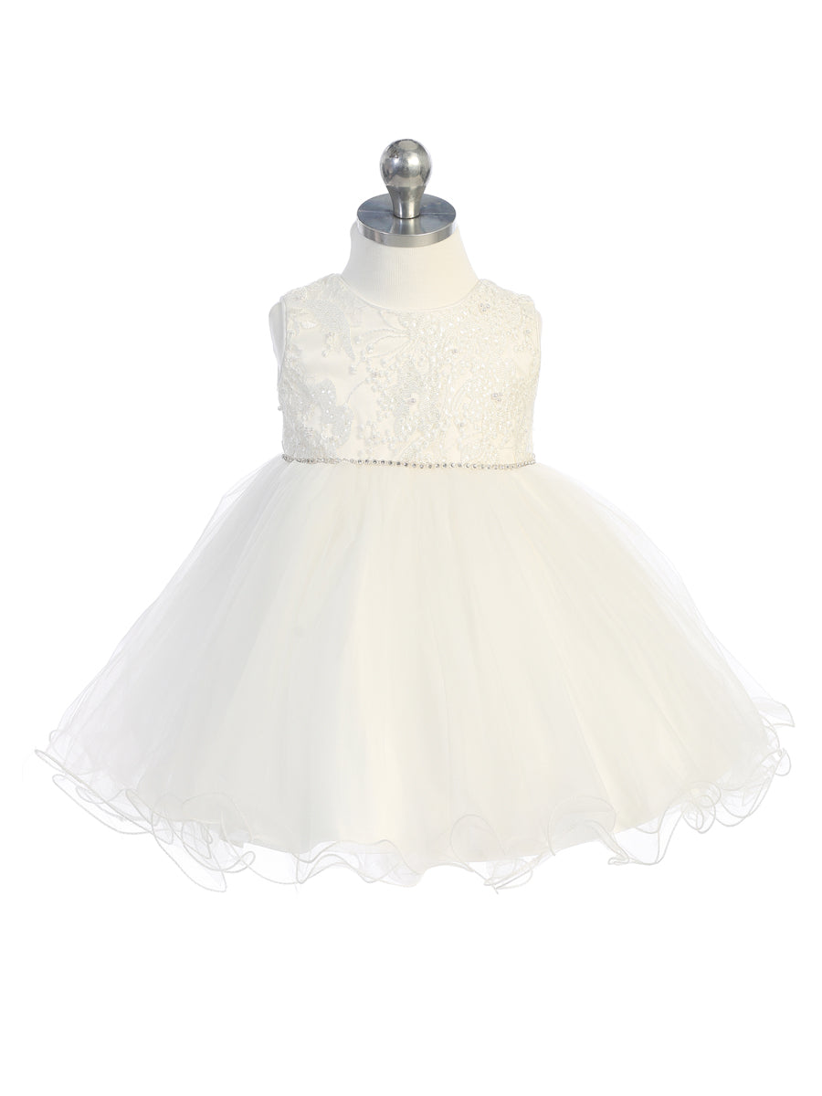 Infant Lace Bodice Dress with Tulle Skirt, Rhinestone Waist