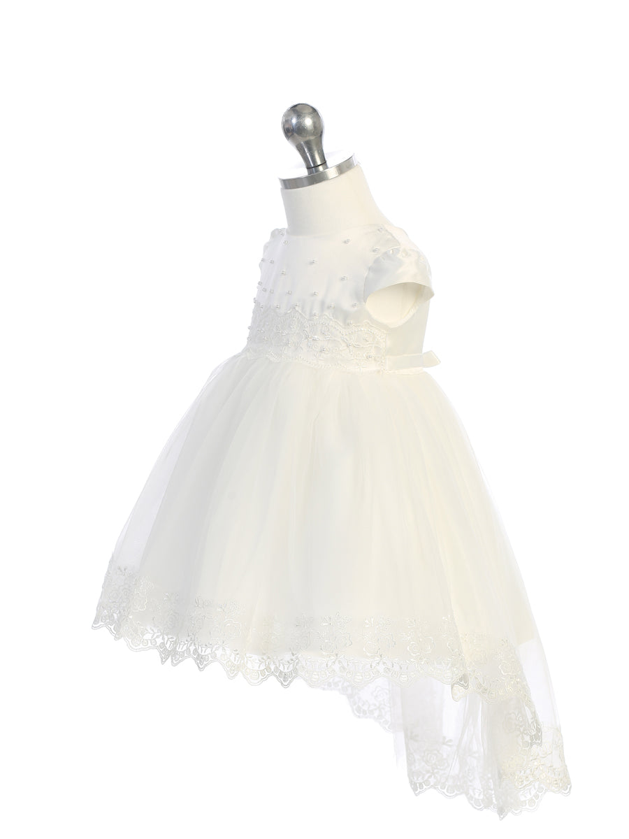 Baby Satin Bodice Dress with Scattered Pearls and Lace Applique
