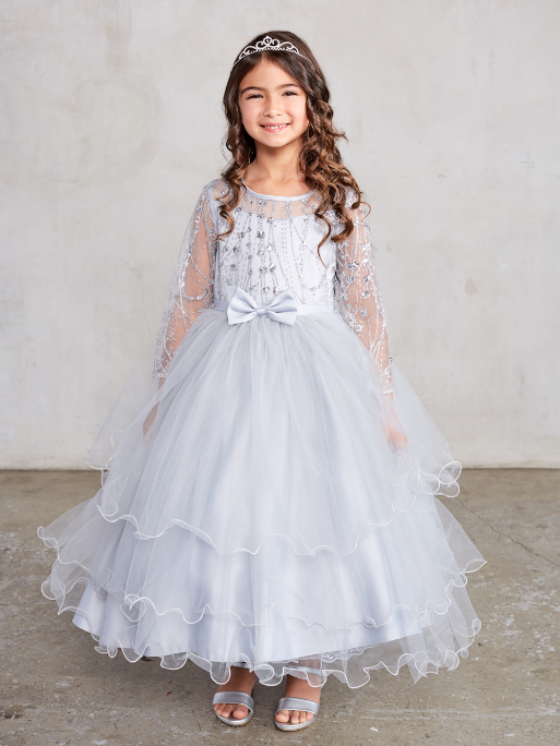 Girls Long Sleeve Glitter Dress with Layered Ruffled Skirt