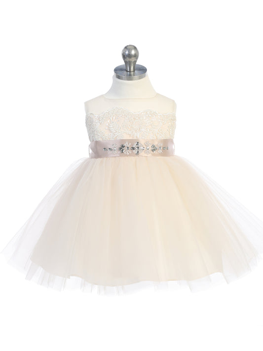 Lovely Dress with an Illusion Neckline and Lace Applique Bodice with a Tulle Skirt
